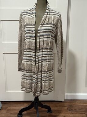 Cozy Open-Front Striped Shawl Collar Women's Sweater Cardigan - Cream & Gray